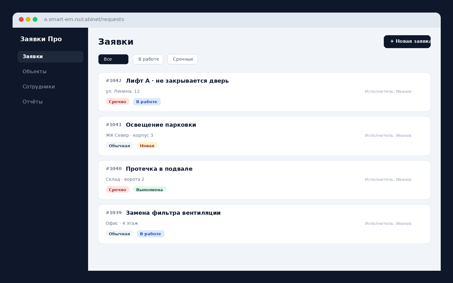Список заявок в кабинете Заявки Про